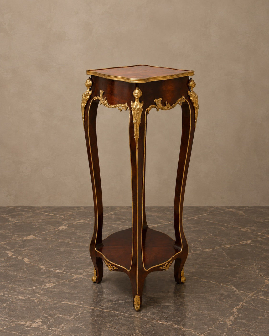 Tall Marquetry Pedestal with Gilt-Bronze Mounts — styled main view