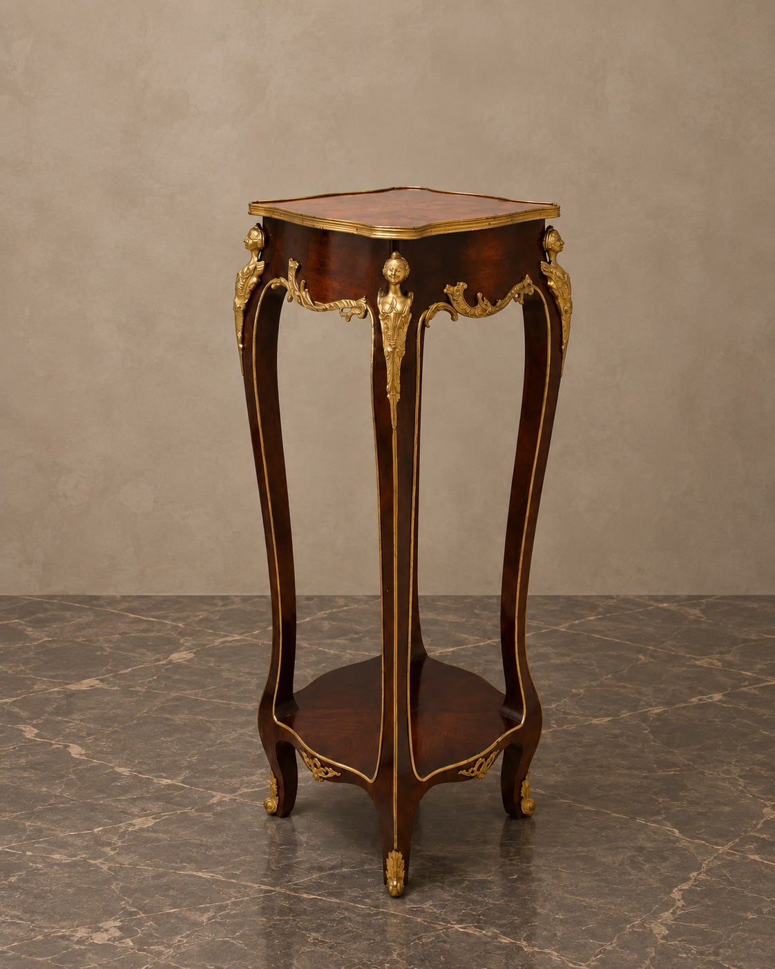 Tall Marquetry Pedestal with Gilt-Bronze Mounts — styled main view