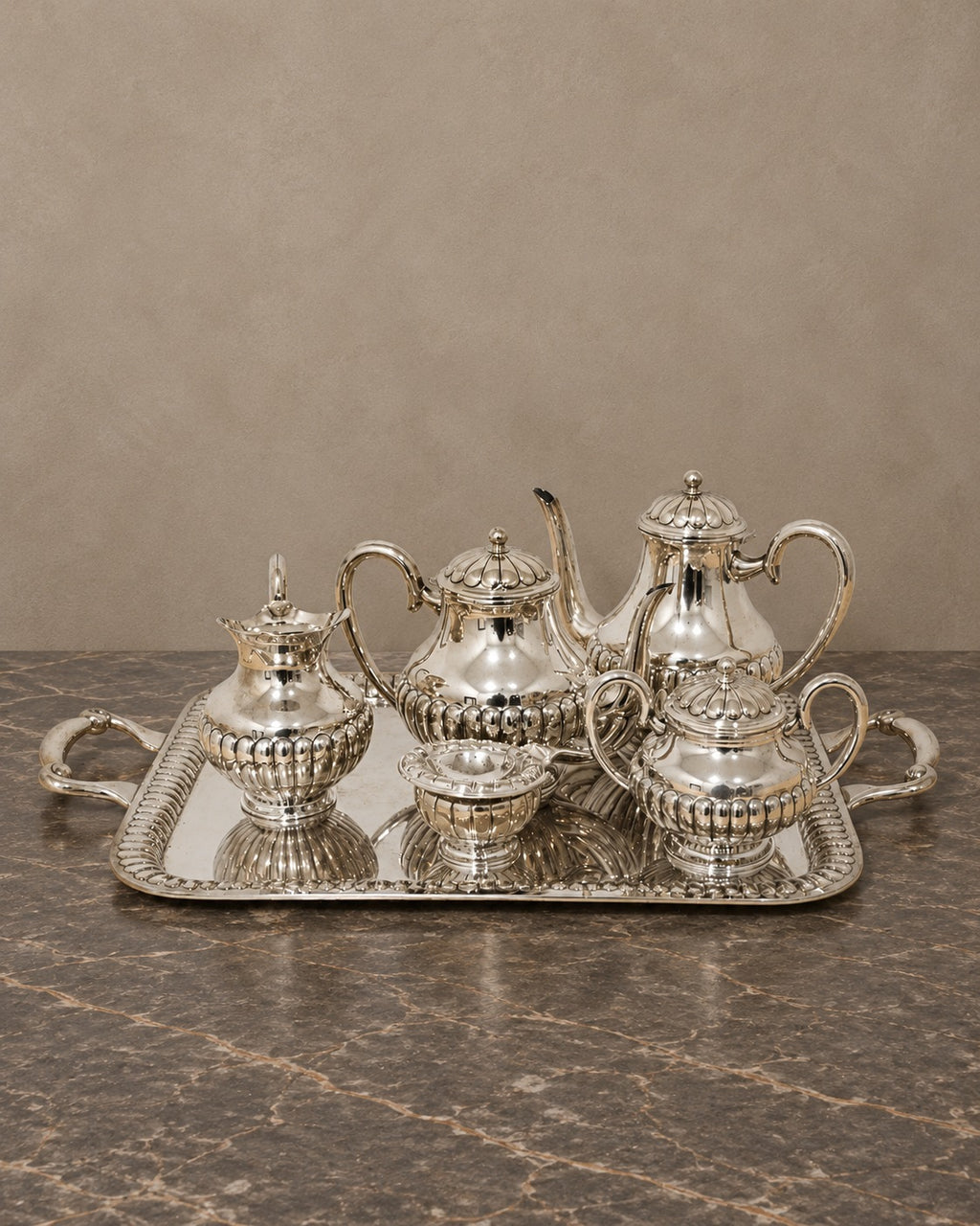 Silver-Plated Coffee and Tea Service with Tray — styled main view