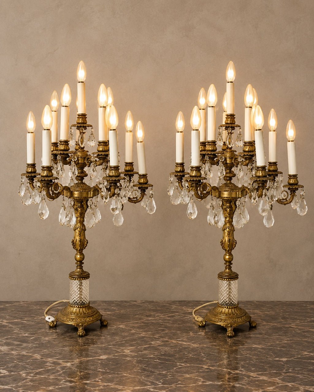 Pair of Eleven-Light Bronze and Crystal Candelabra — styled main view