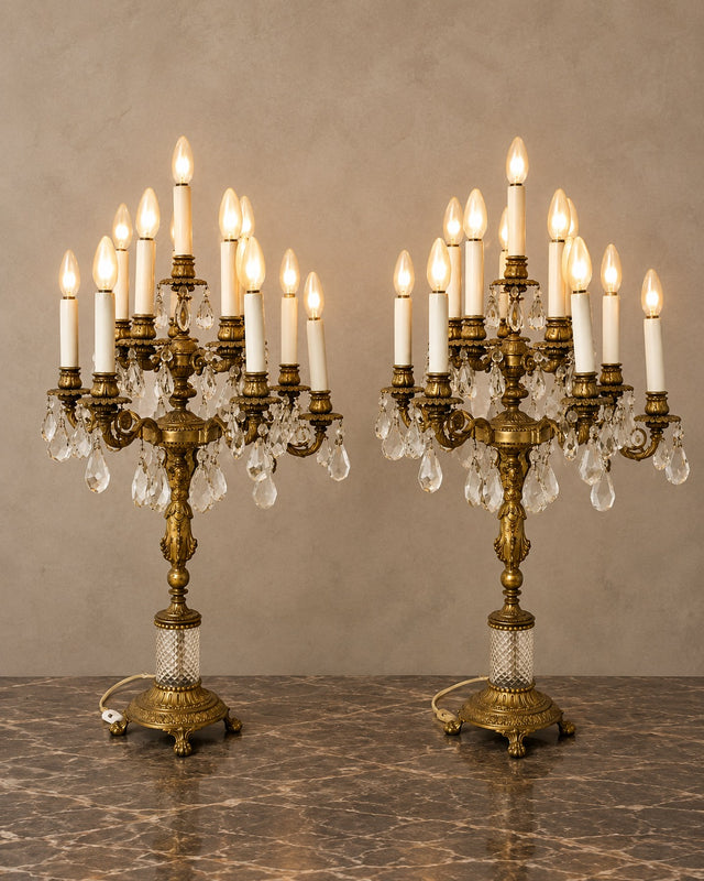 Pair of Eleven-Light Bronze and Crystal Candelabra