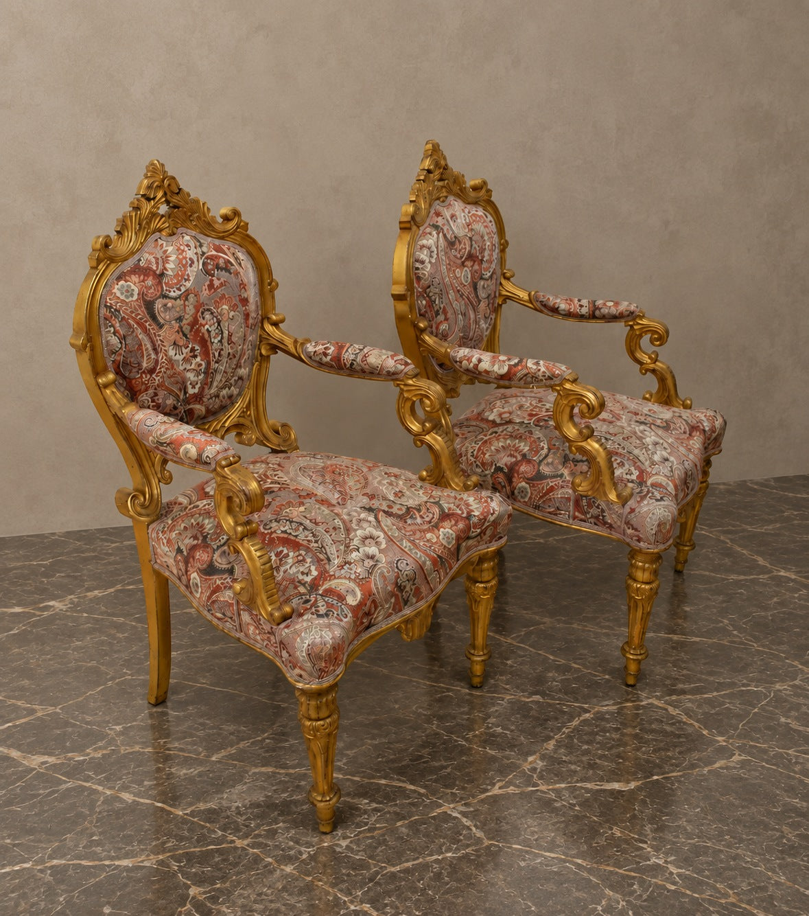 Pair of Giltwood Armchairs with Paisley Upholstery — styled main view