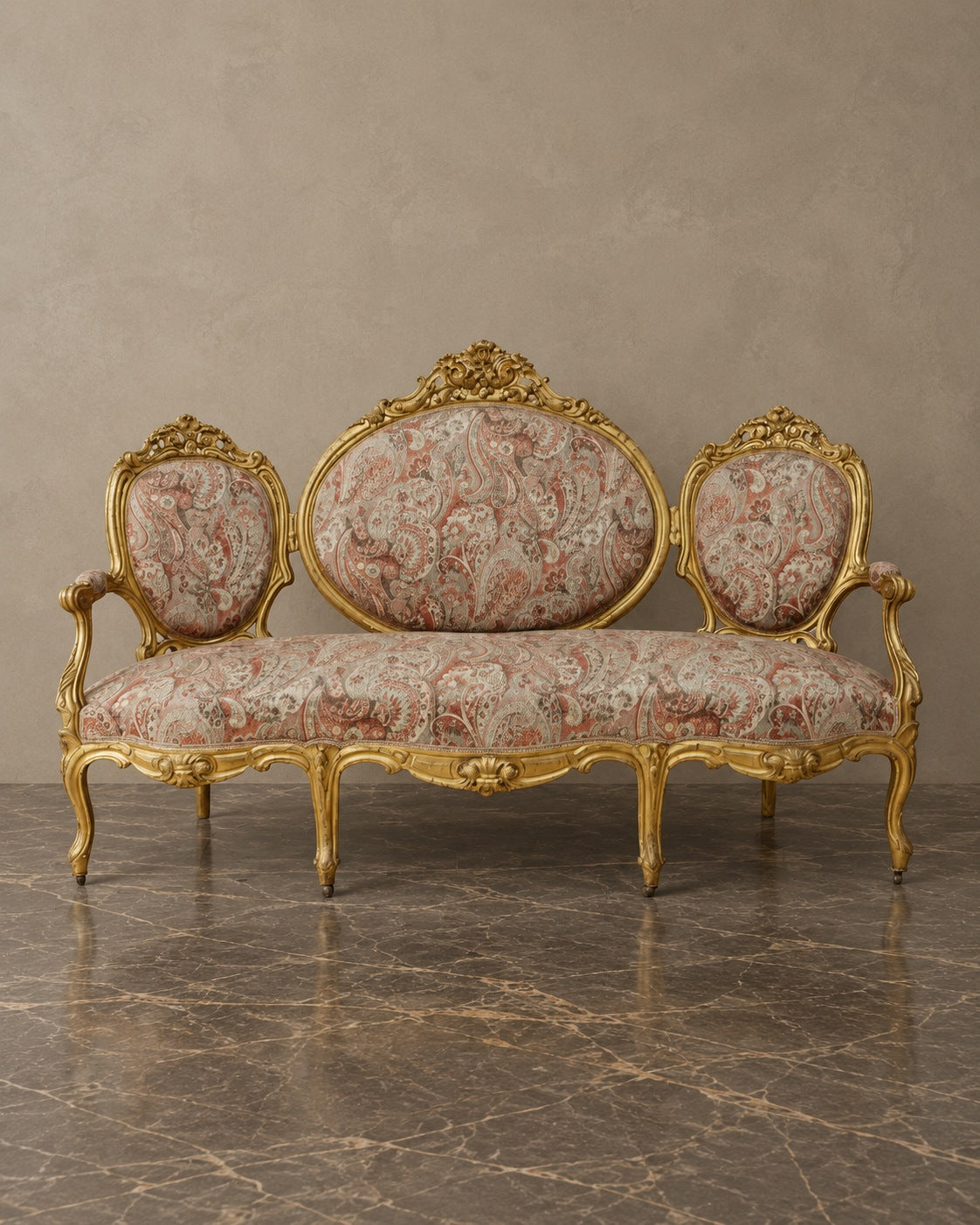 Circa 1860 Isabelino Giltwood Sofa — styled main view