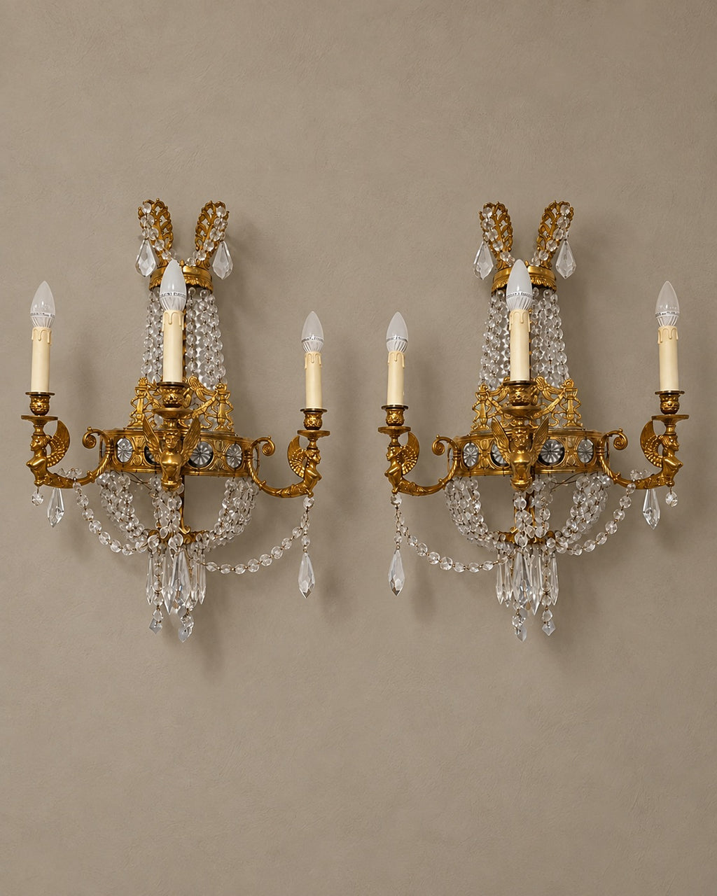 Pair of Empire-Style Winged-Figure Crystal Wall Lights — styled main view