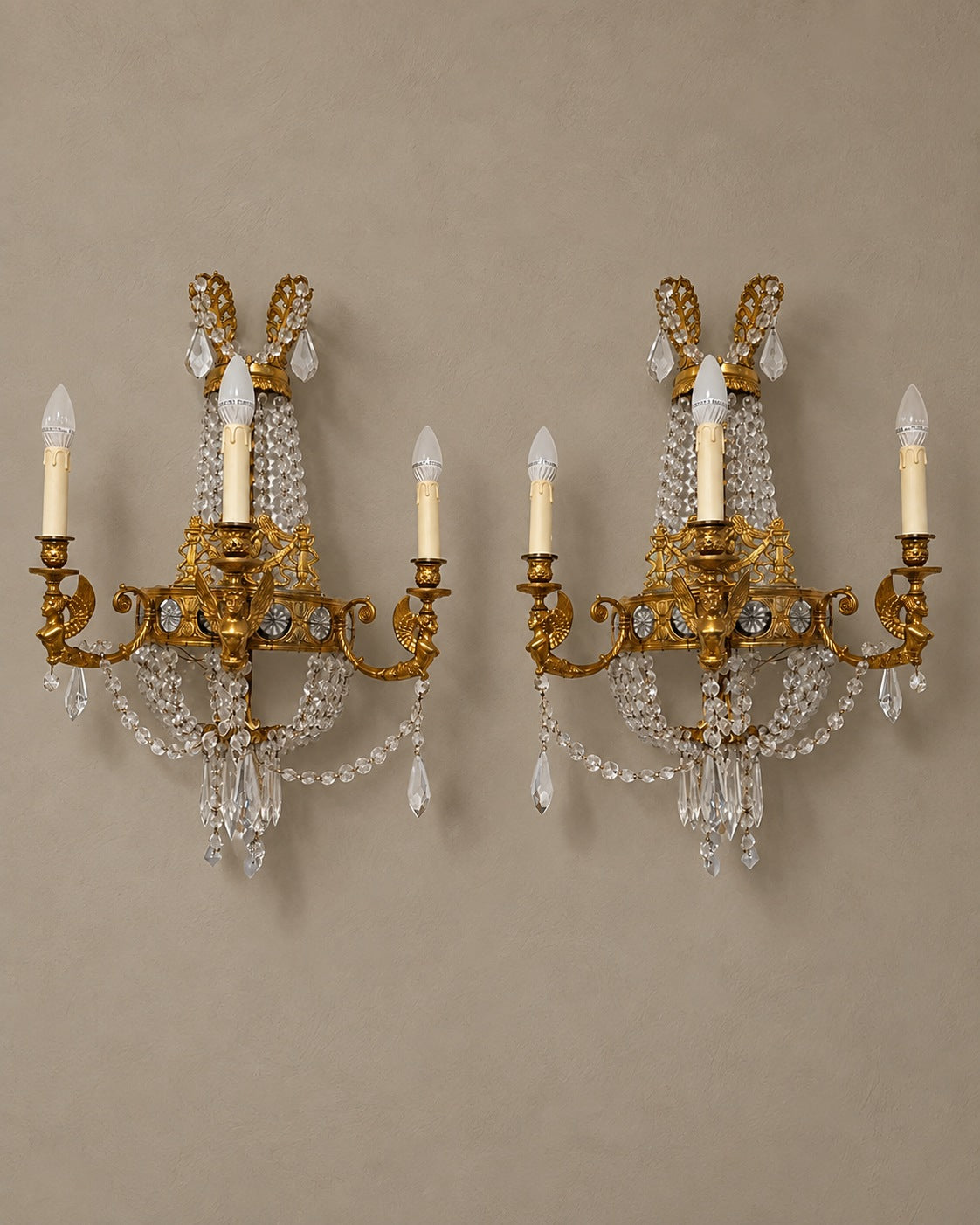 Pair of Empire-Style Winged-Figure Crystal Wall Lights — styled main view