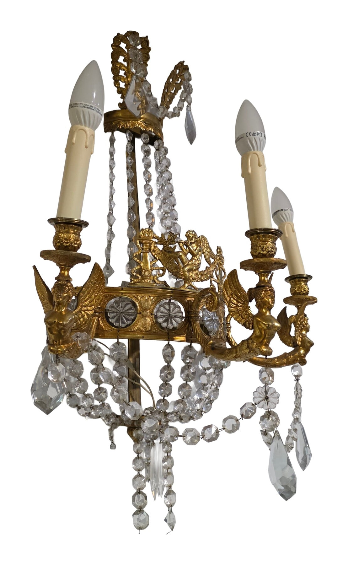 Pair of Empire-Style Winged-Figure Crystal Wall Lights — original detail view 1