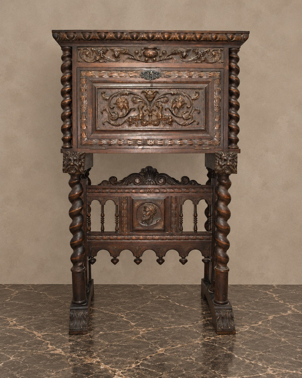 Spanish Renaissance-Style Carved Fall-Front Cabinet — styled main view