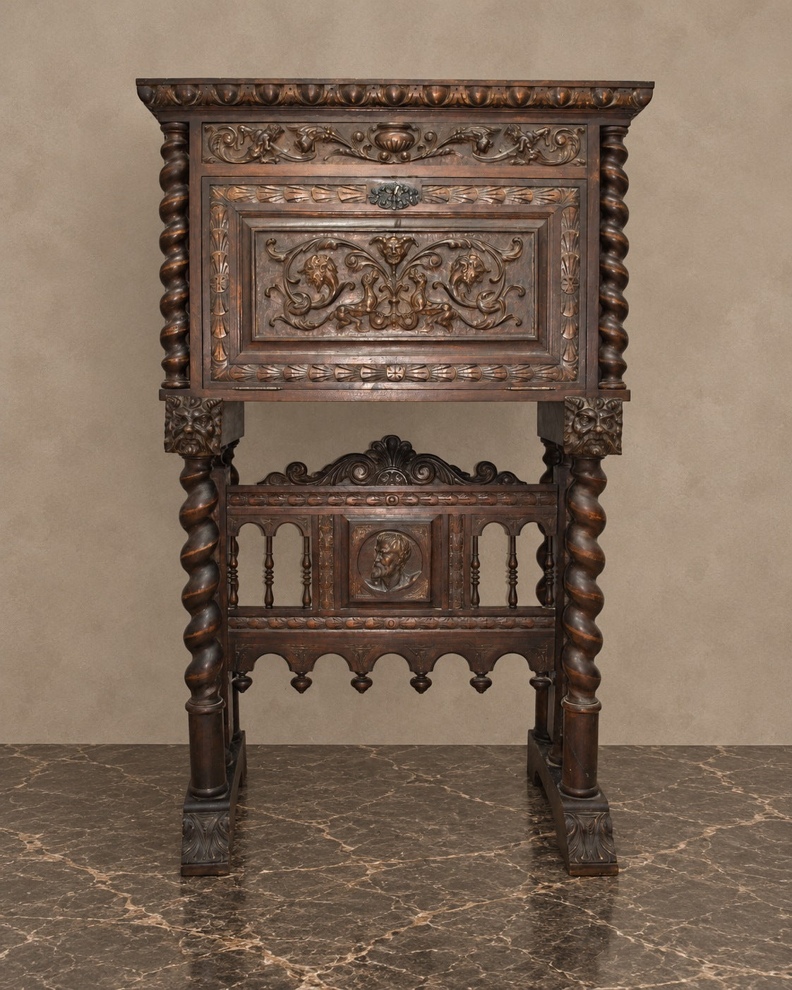 Spanish Renaissance-Style Carved Fall-Front Cabinet — styled main view