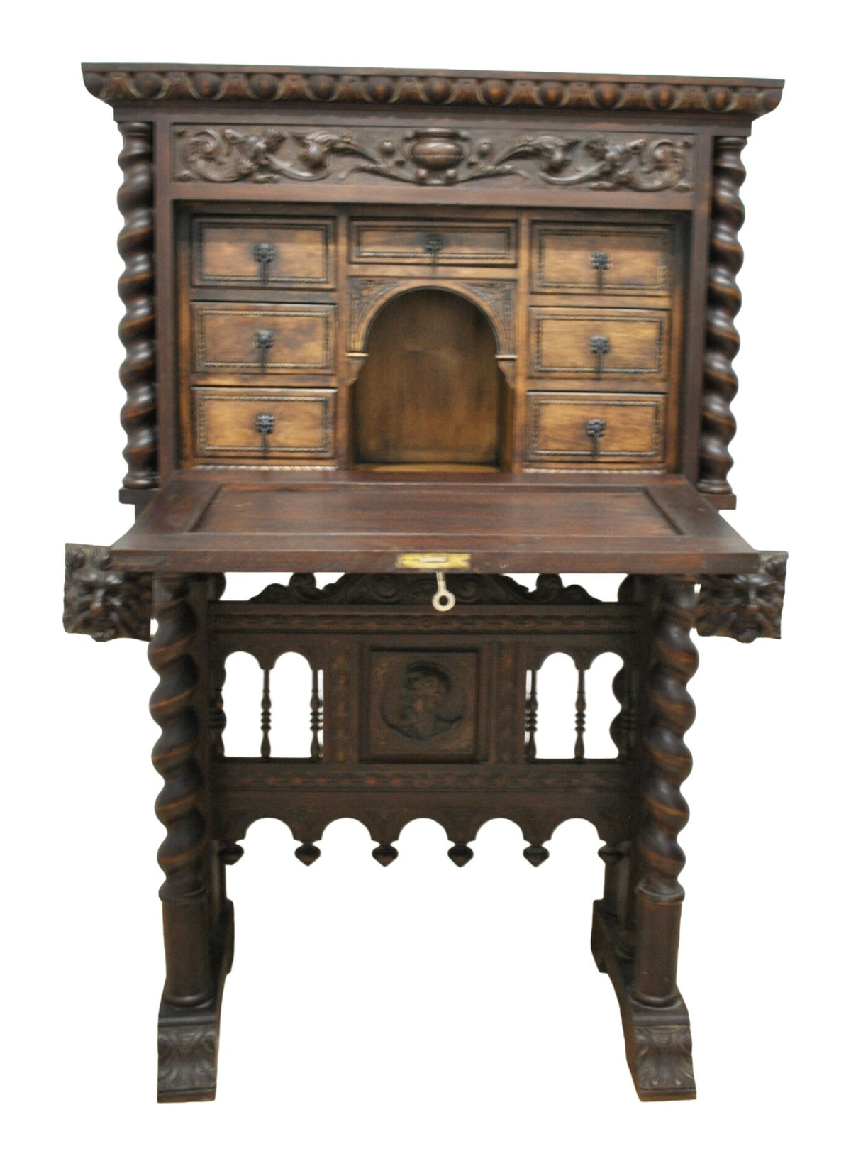 Spanish Renaissance-Style Carved Fall-Front Cabinet — original detail view 1