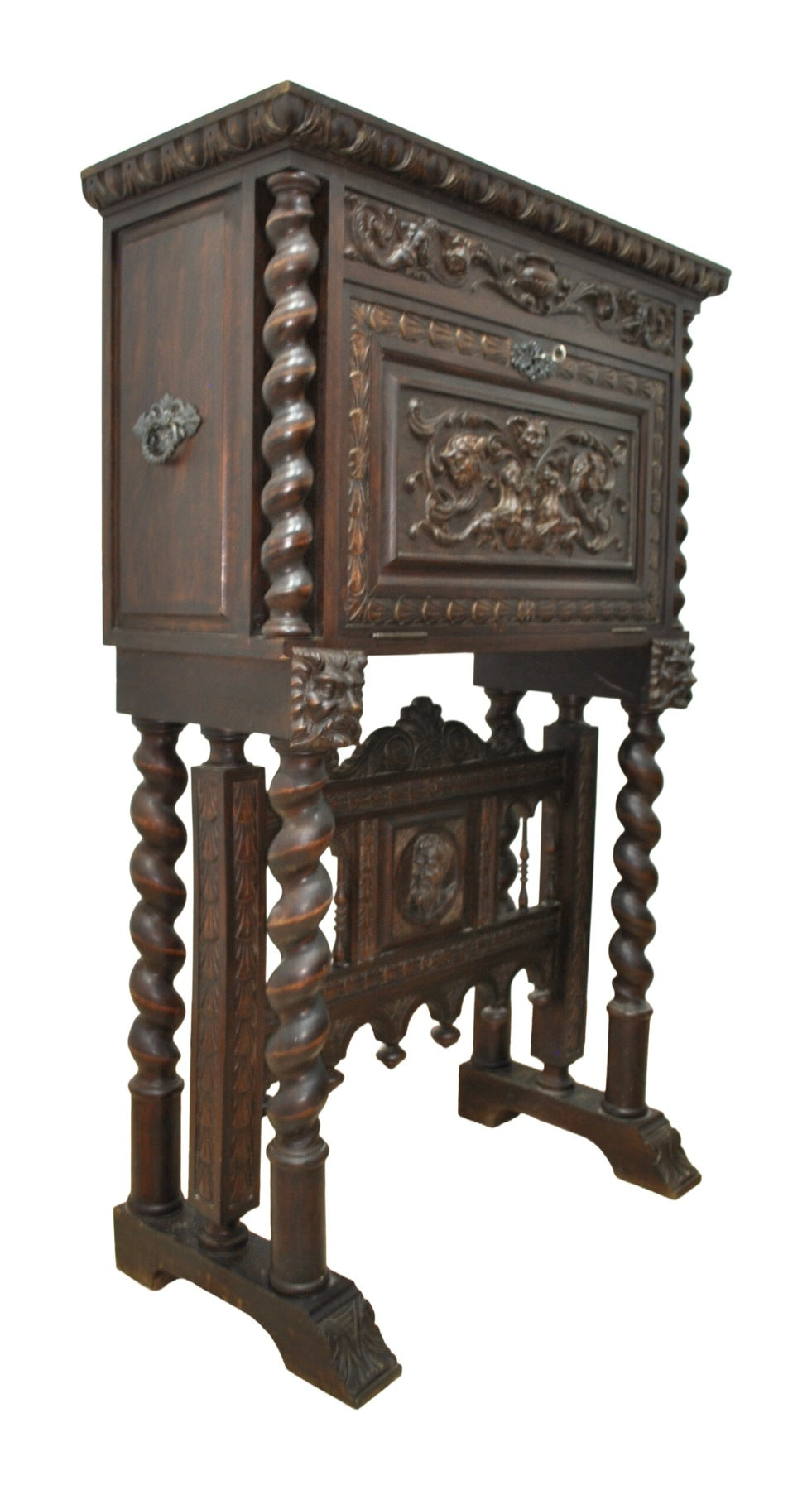 Spanish Renaissance-Style Carved Fall-Front Cabinet — original detail view 2