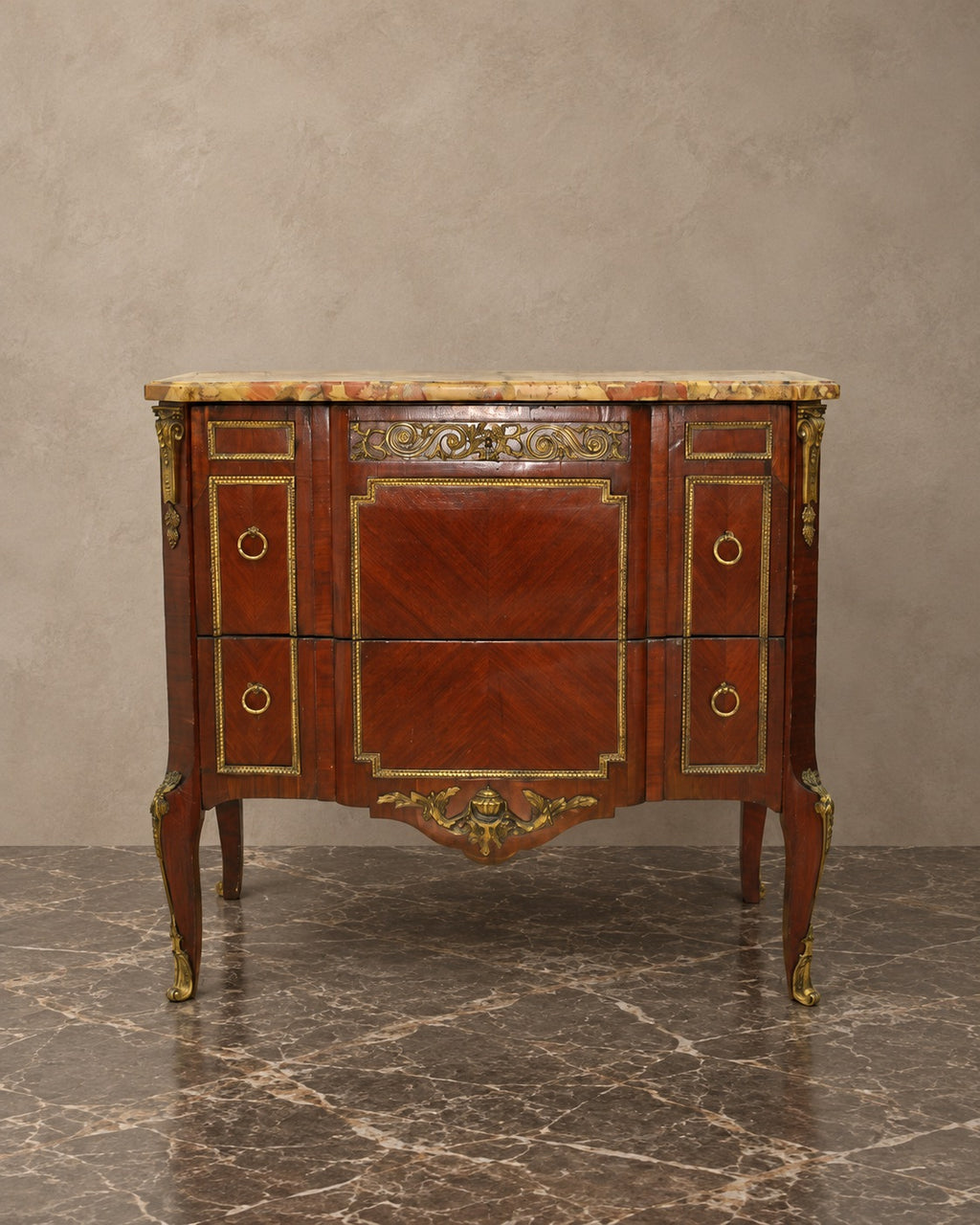 Louis XVI-Style Two-Drawer Marquetry Marble-Top Chest — styled main view