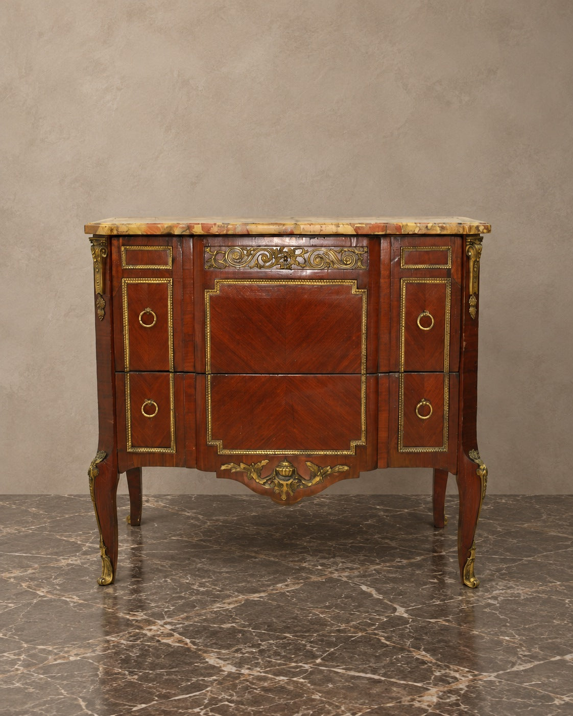 Louis XVI-Style Two-Drawer Marquetry Marble-Top Chest — styled main view