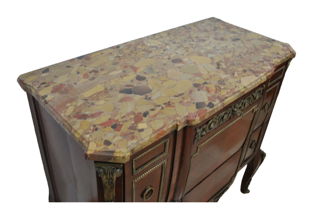 Louis XVI-Style Two-Drawer Marquetry Marble-Top Chest — original detail view 2