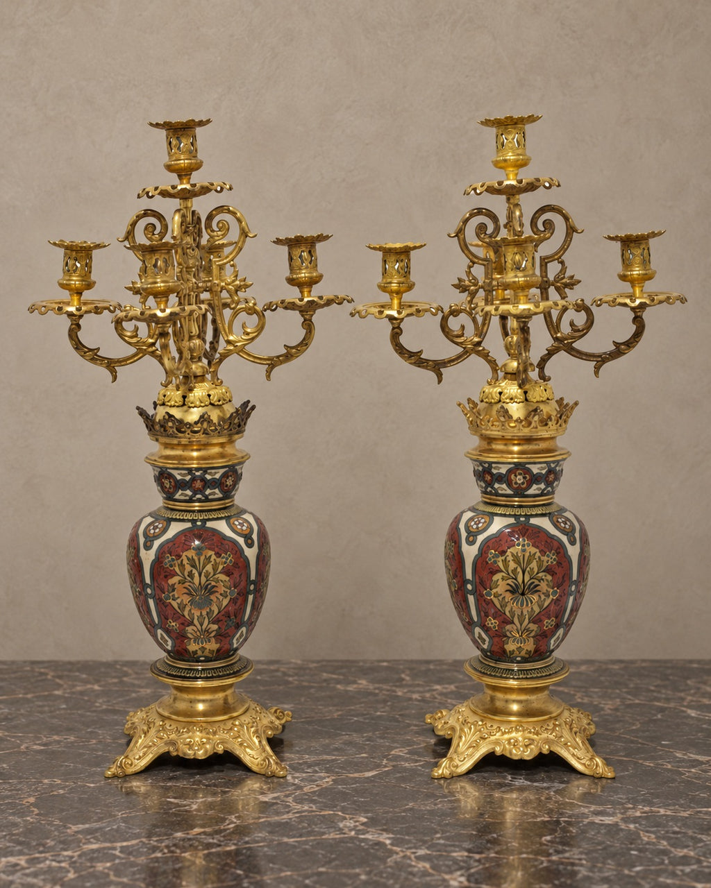 Pair of Floral Ceramic and Bronze Candelabra — styled main view