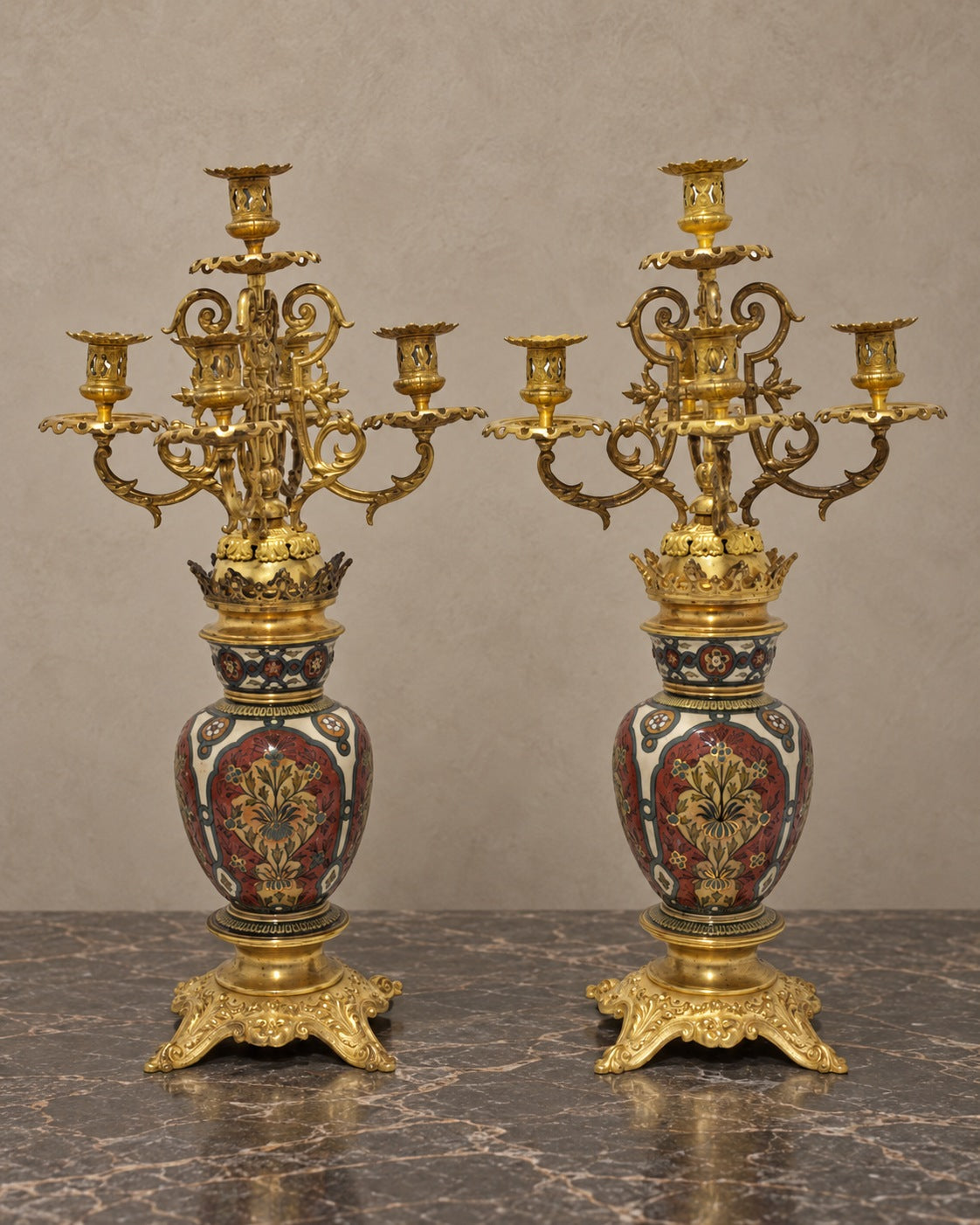 Pair of Floral Ceramic and Bronze Candelabra — styled main view