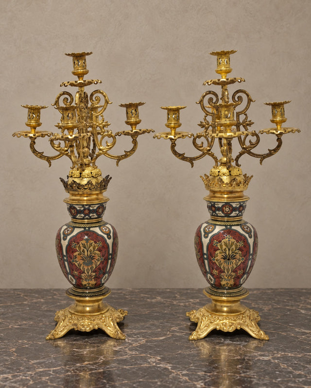 Pair of Floral Ceramic and Bronze Candelabra