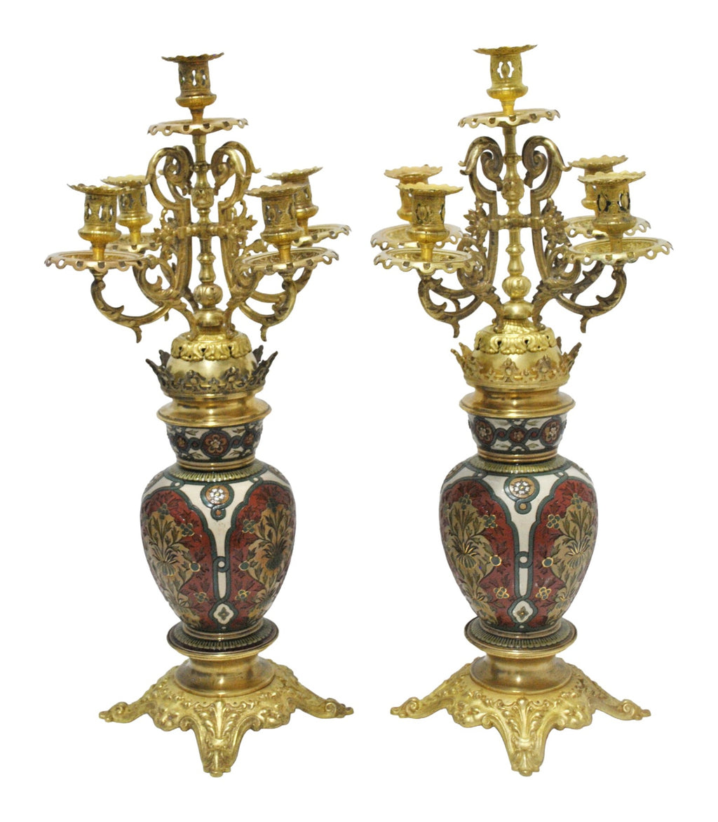 Pair of Floral Ceramic and Bronze Candelabra — original detail view 2
