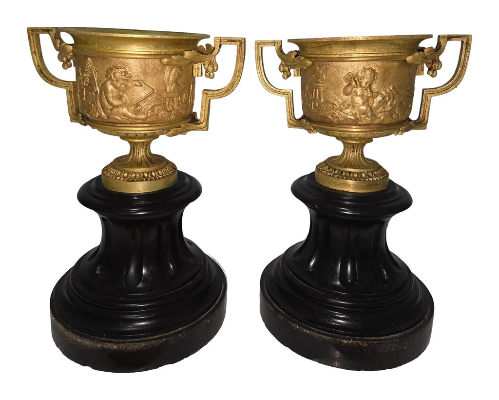 Pair of Empire-Style Bronze Covered Urns on Marble — original detail view 1