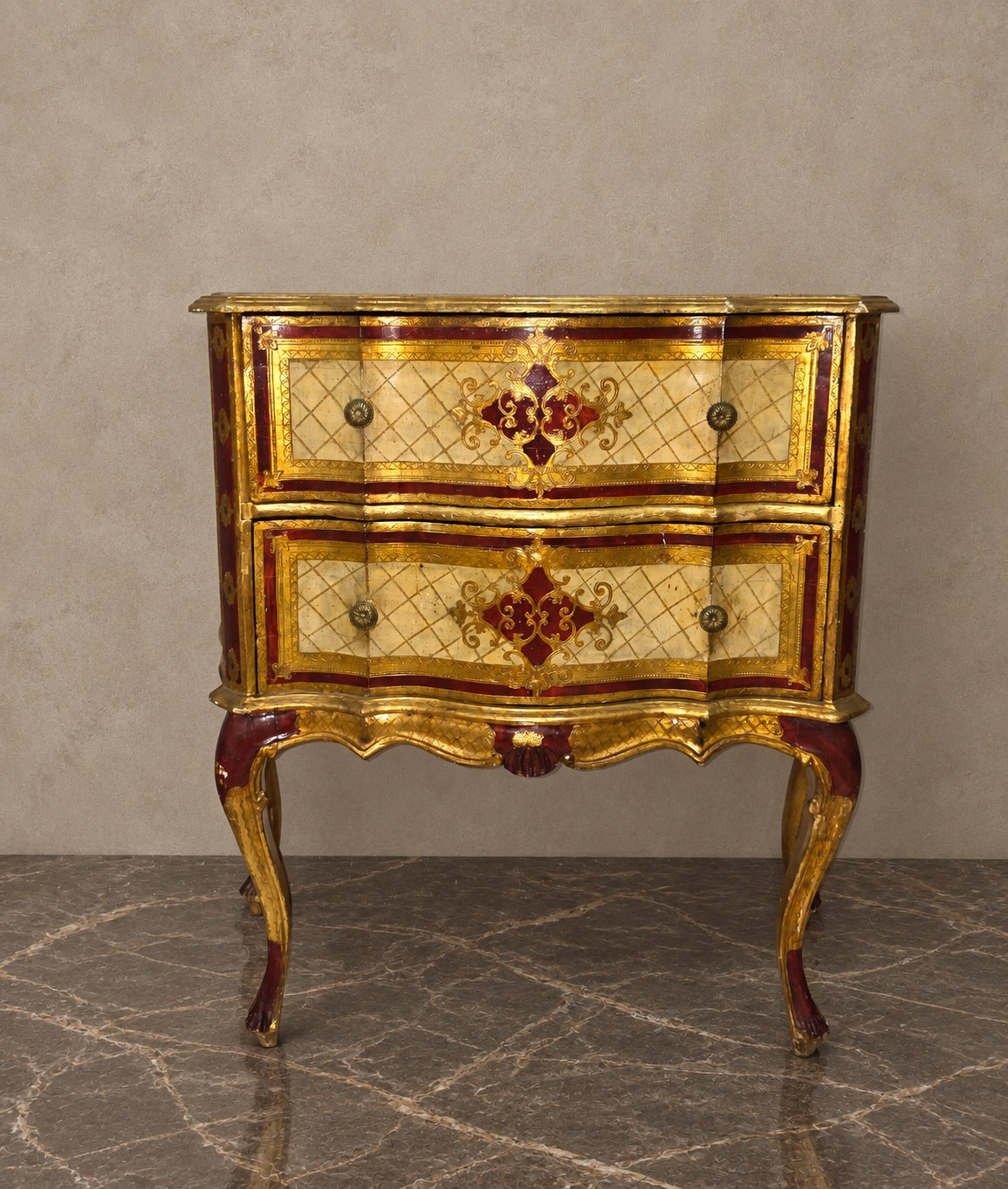 Florentine Painted Bombé Chest in Burgundy and Gold — styled main view