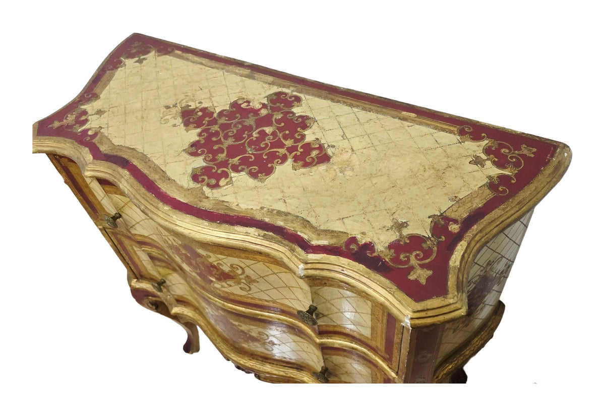 Florentine Painted Bombé Chest in Burgundy and Gold — original detail view 1