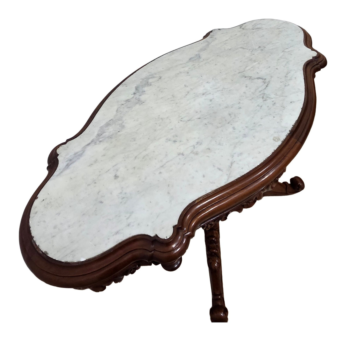 Isabelino-Style Carved Mahogany Marble-Top Table — original detail view 1