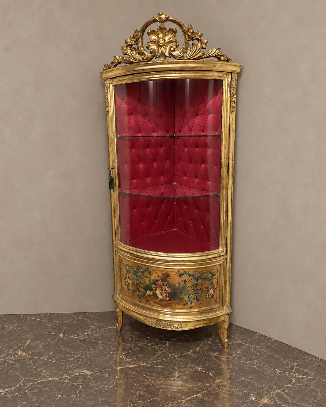 Giltwood Corner Display Cabinet with Courtship Panel — styled main view