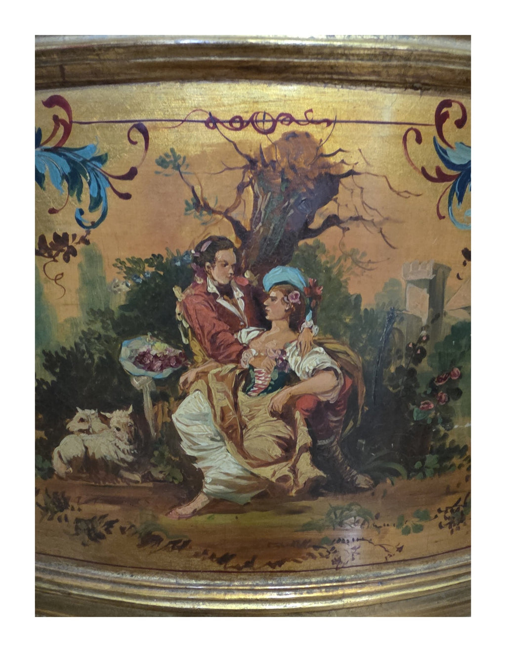 Giltwood Corner Display Cabinet with Courtship Panel — original detail view 2