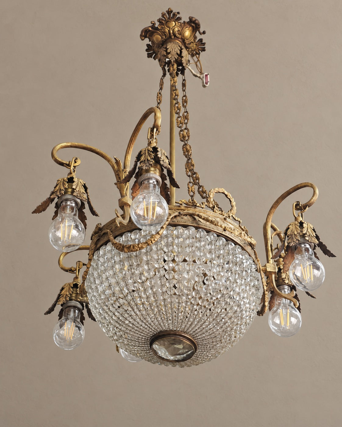 Empire-Style Six-Light Bronze and Crystal Chandelier — styled main view