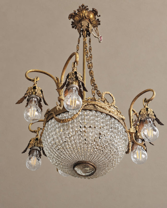 Empire-Style Six-Light Bronze and Crystal Chandelier