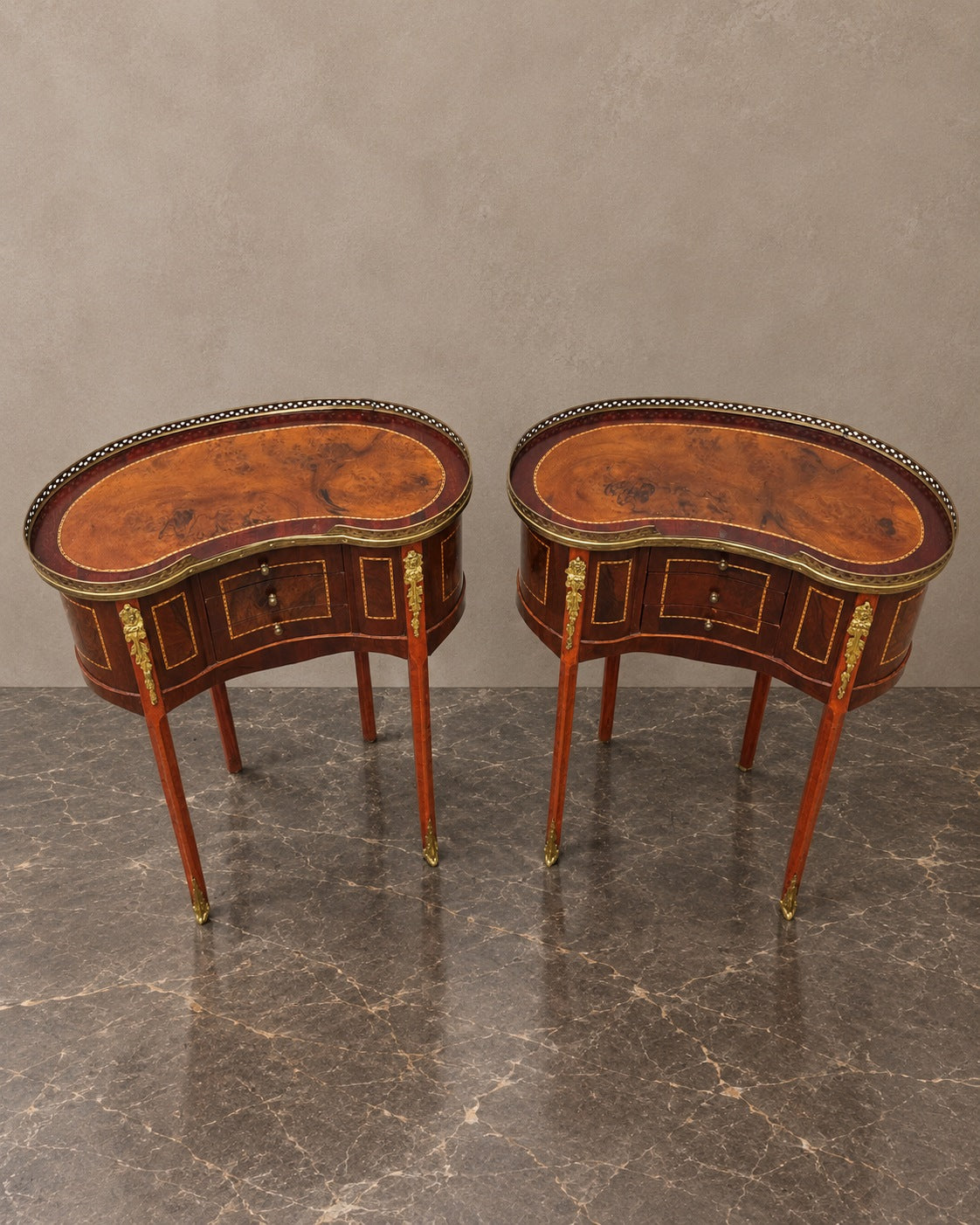 Pair of Kidney-Shaped Marquetry Side Tables — styled main view