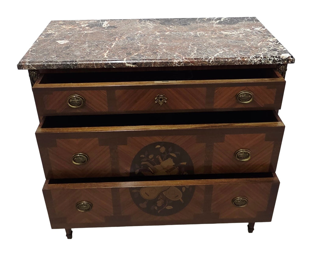 Musical-Trophy Marquetry Chest with Marble Top — original detail view 1