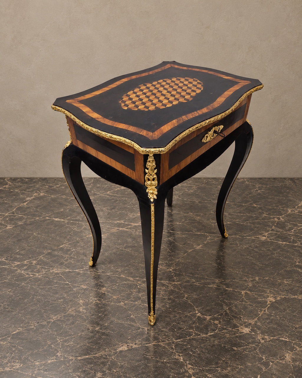 Napoleon III-Style Geometric Marquetry Side Table — styled main view