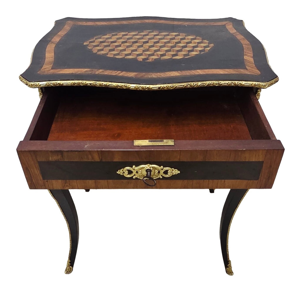 Napoleon III-Style Geometric Marquetry Side Table — original detail view 1