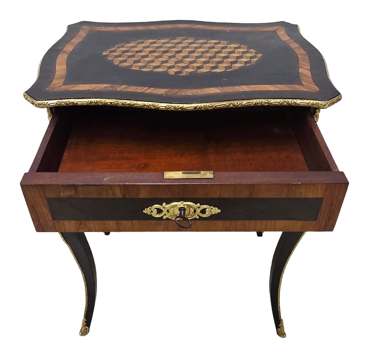 Napoleon III-Style Geometric Marquetry Side Table — original detail view 1