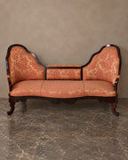 Mahogany Sofa with Salmon Damask Upholstery — styled main view