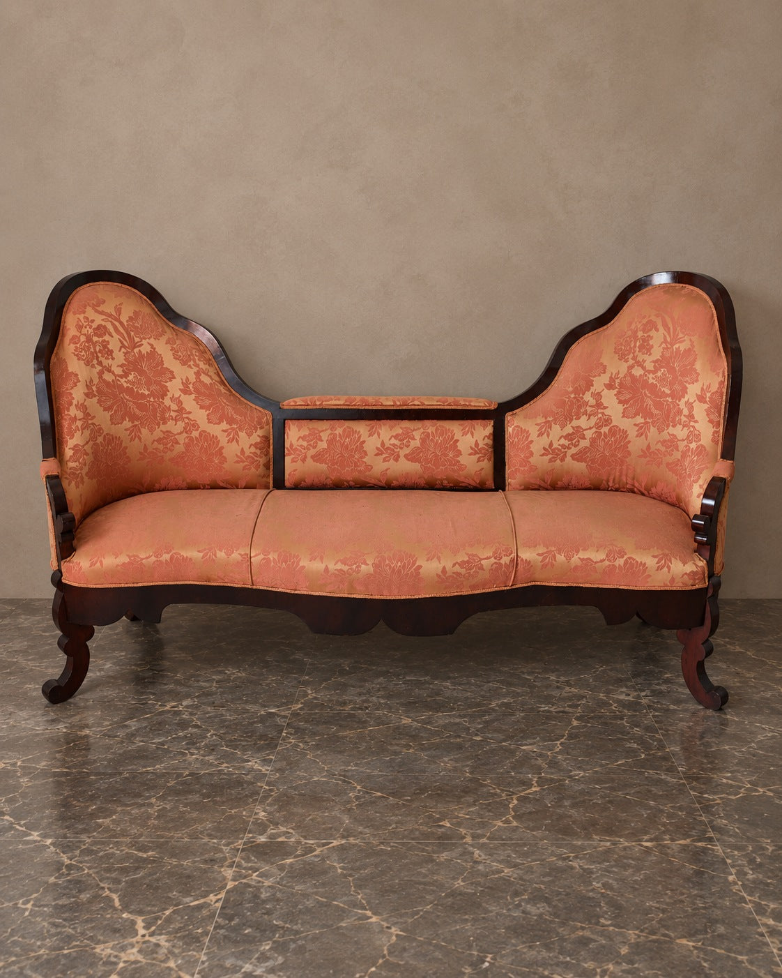 Mahogany Sofa with Salmon Damask Upholstery — styled main view