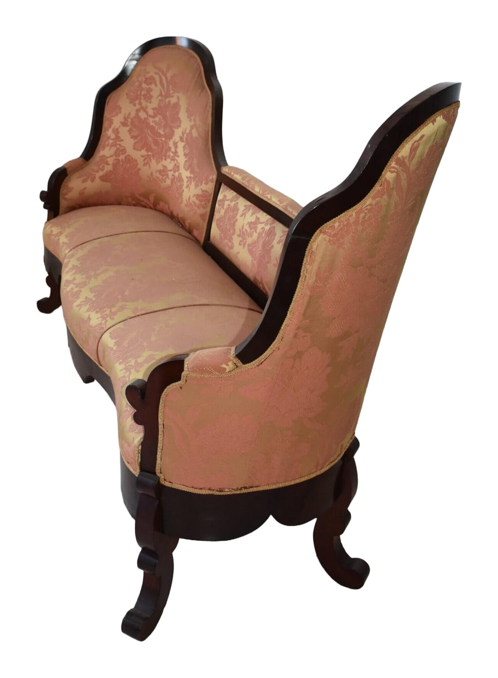 Mahogany Sofa with Salmon Damask Upholstery — original detail view 1