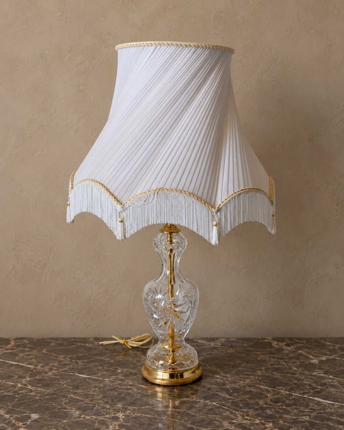Cut-Crystal Table Lamp with Fringed Pleated Shade — styled main view