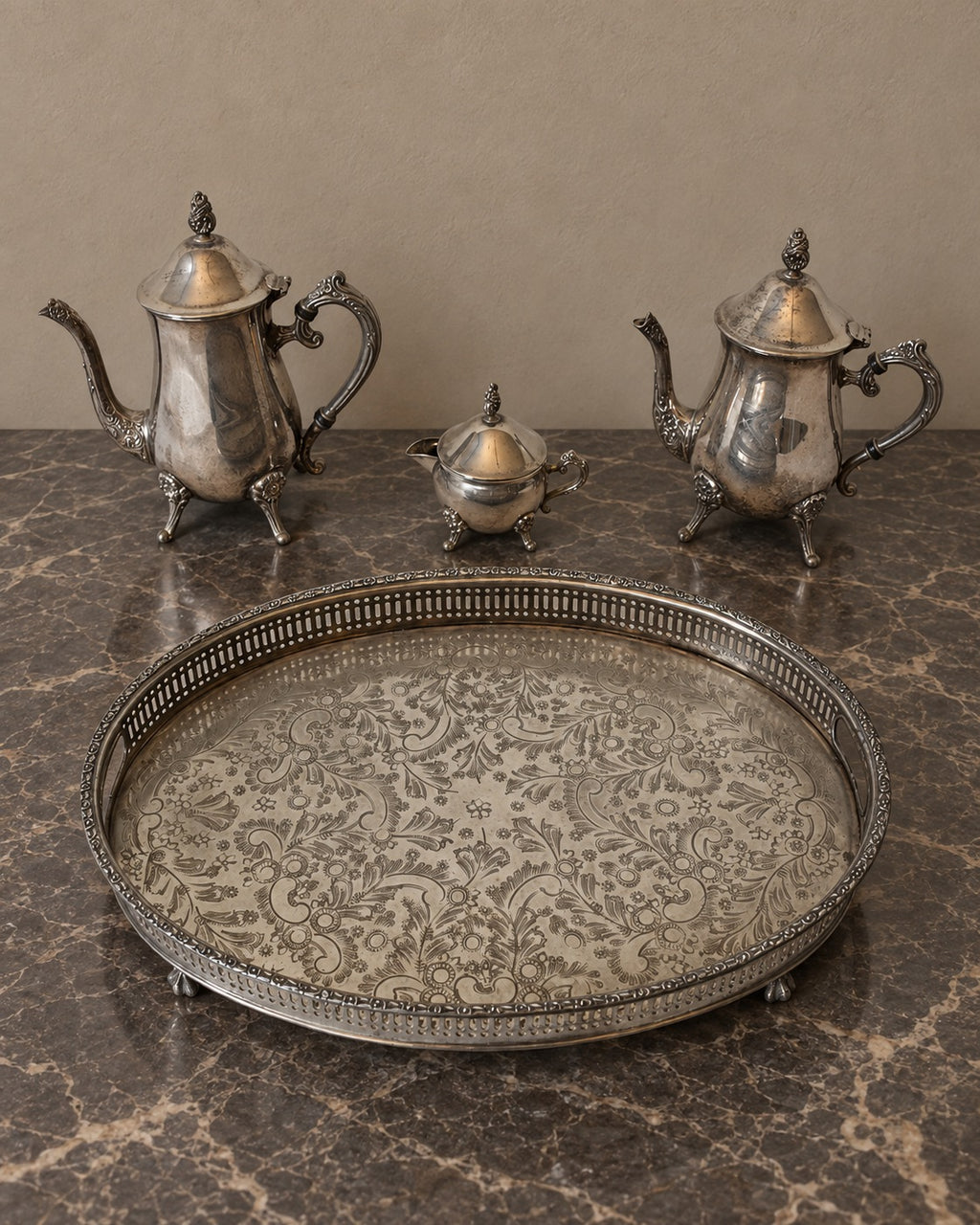 Silver-Plated Coffee and Tea Set on Oval Tray — styled main view