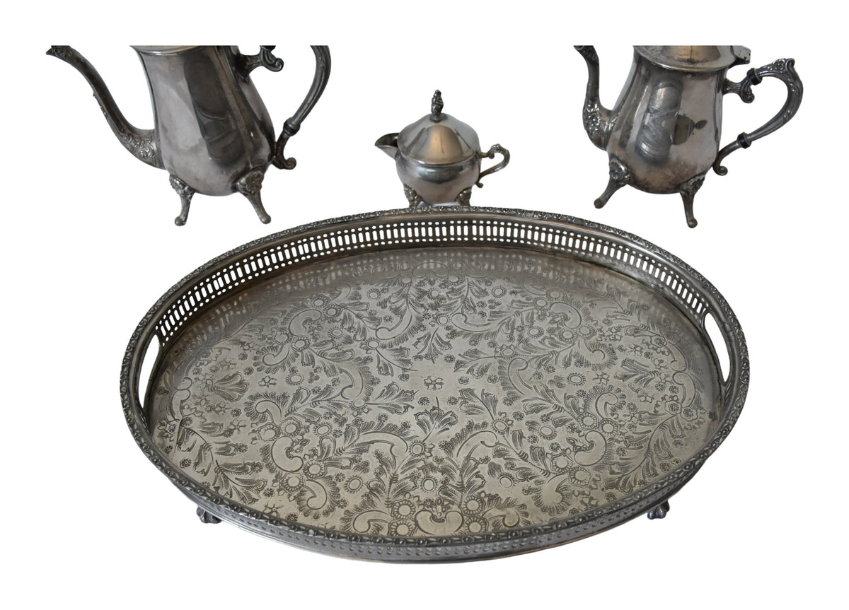 Silver-Plated Coffee and Tea Set on Oval Tray — original detail view 1