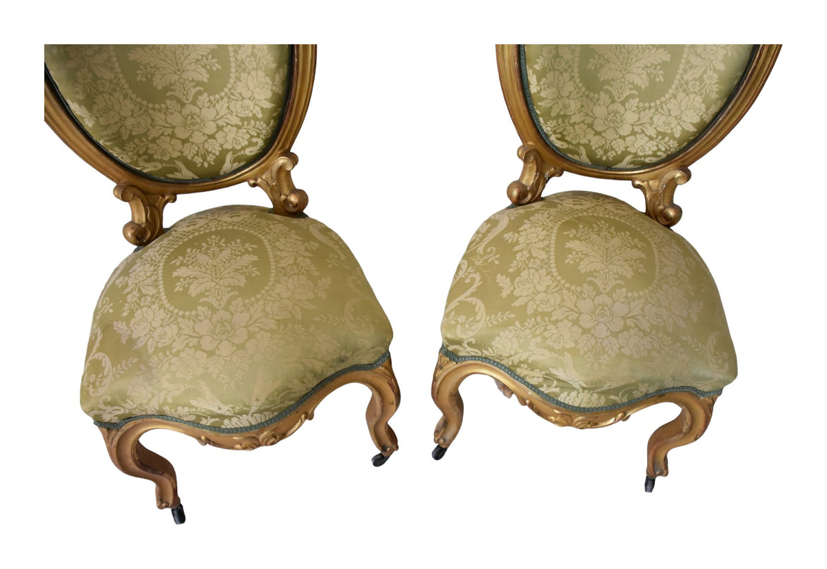 Pair of Isabelino-Style Giltwood Damask Chairs — original detail view 1