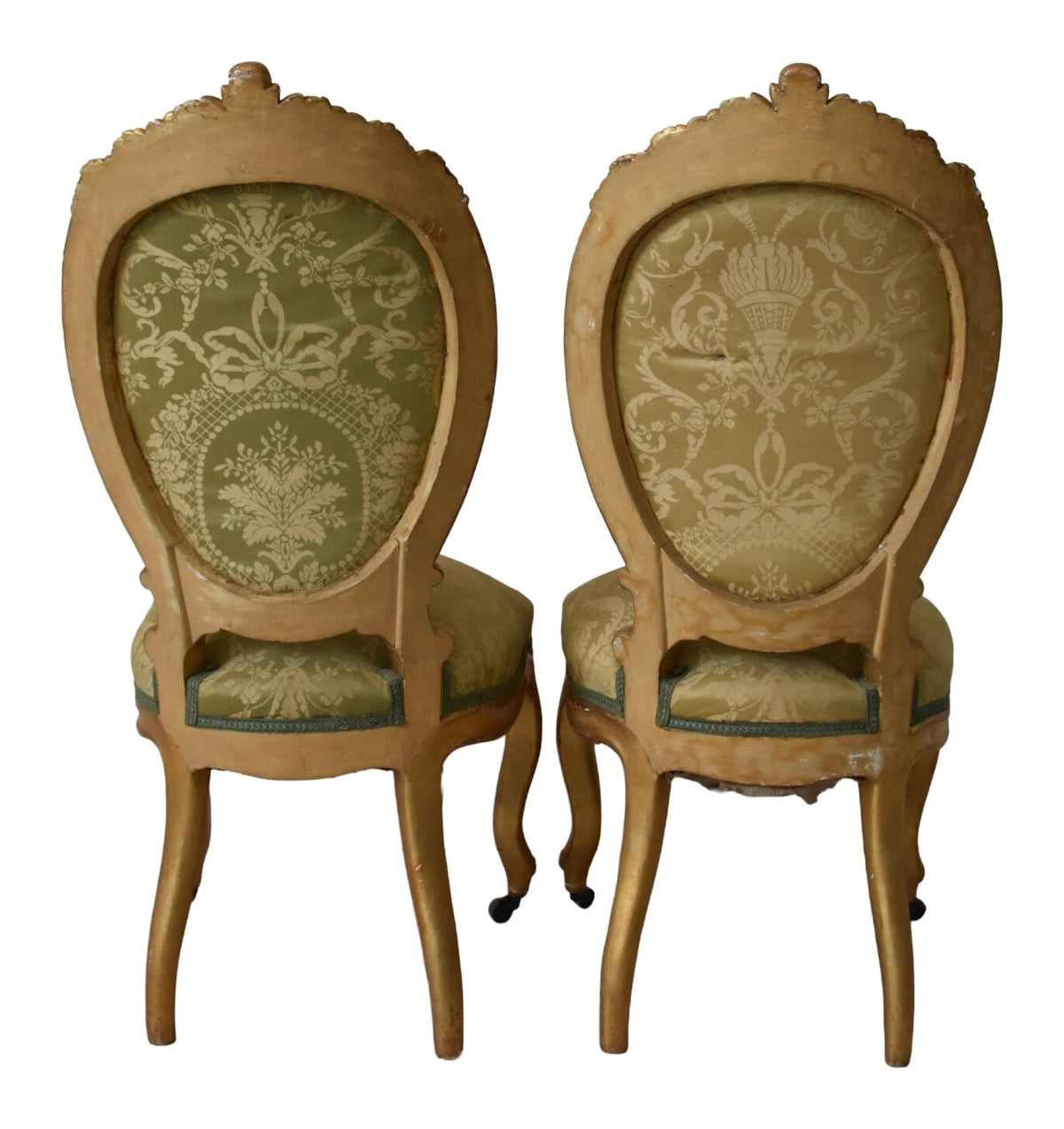 Pair of Isabelino-Style Giltwood Damask Chairs — original detail view 2