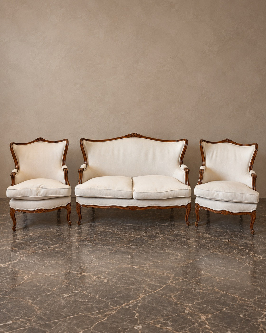 Louis XV-Style Carved-Wood Salon Suite in Ivory — styled main view