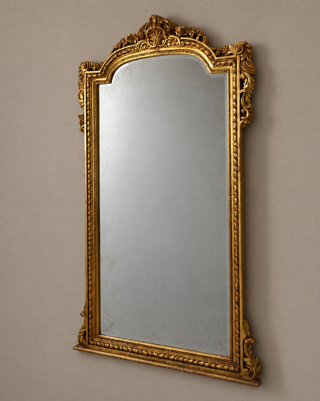 Large Giltwood Arched Mirror with Shell Crest — styled main view