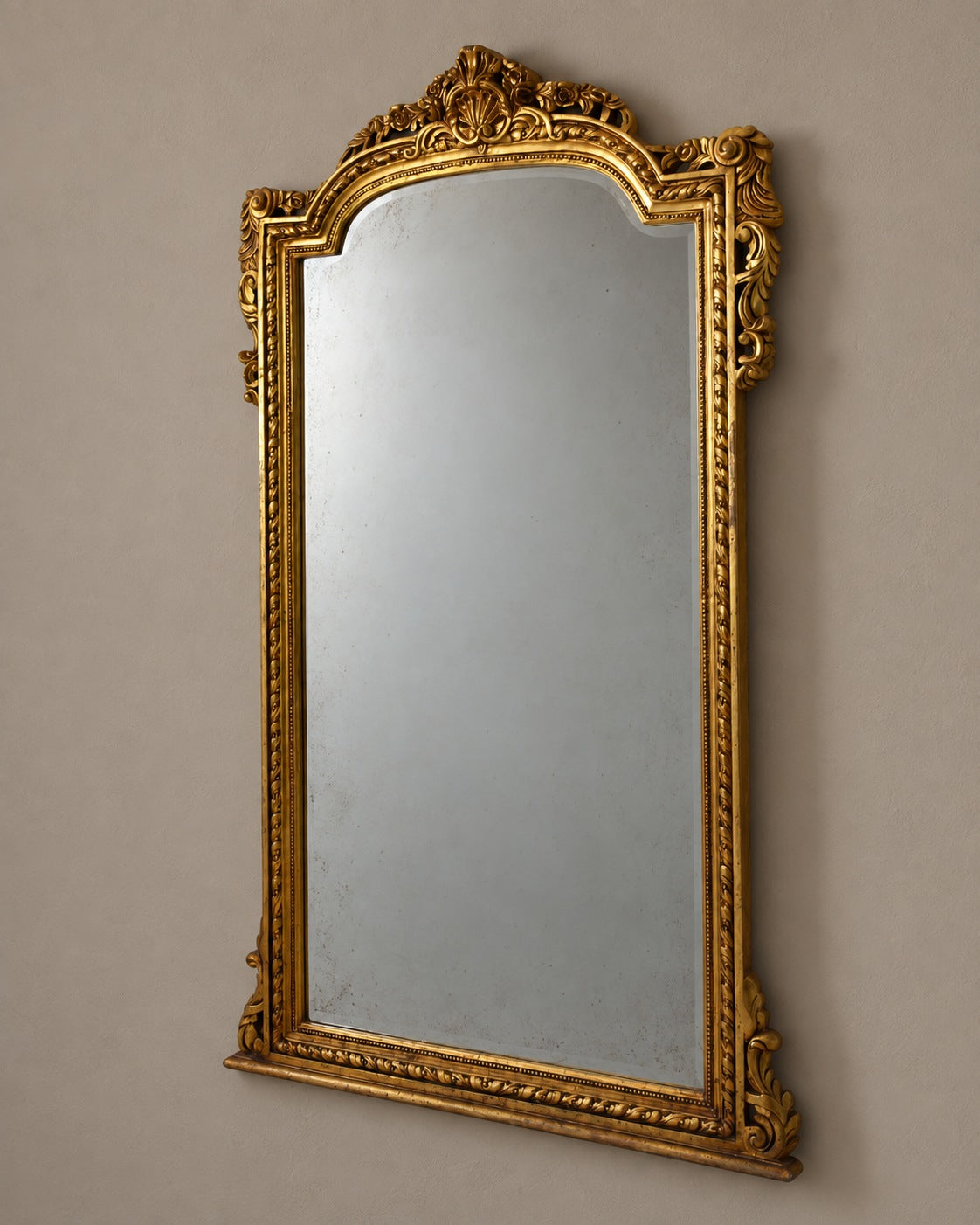 Large Giltwood Arched Mirror with Shell Crest — styled main view