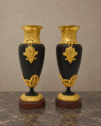 Pair of Patinated Empire-Style Vases with Bronze Mounts — styled main view