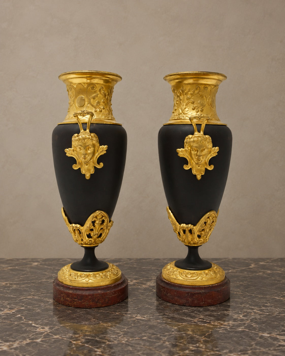Pair of Patinated Empire-Style Vases with Bronze Mounts — styled main view
