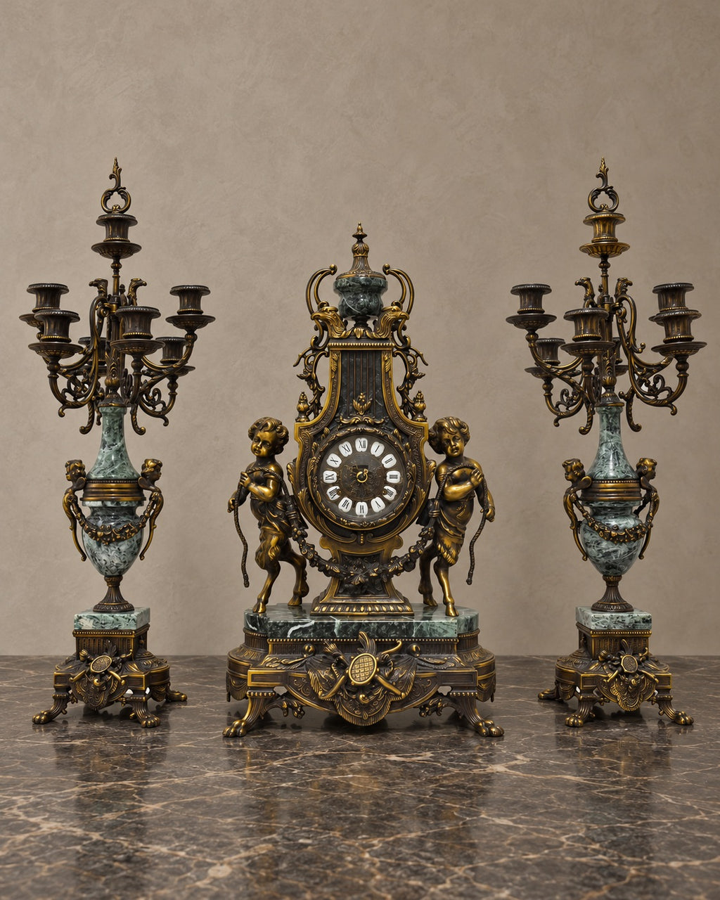Figural Clock Garniture in Metal and Green Marble — styled main view