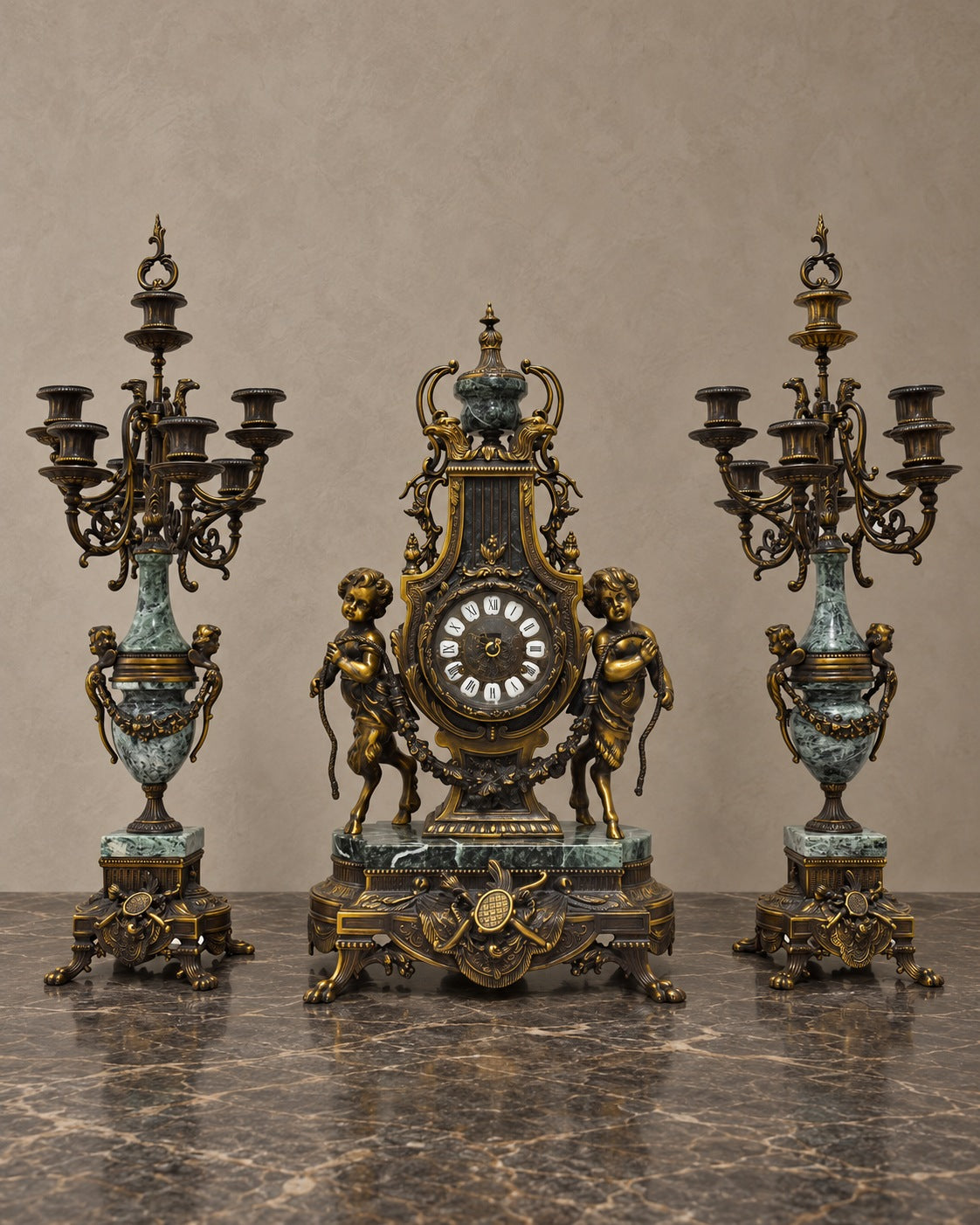 Figural Clock Garniture in Metal and Green Marble — styled main view