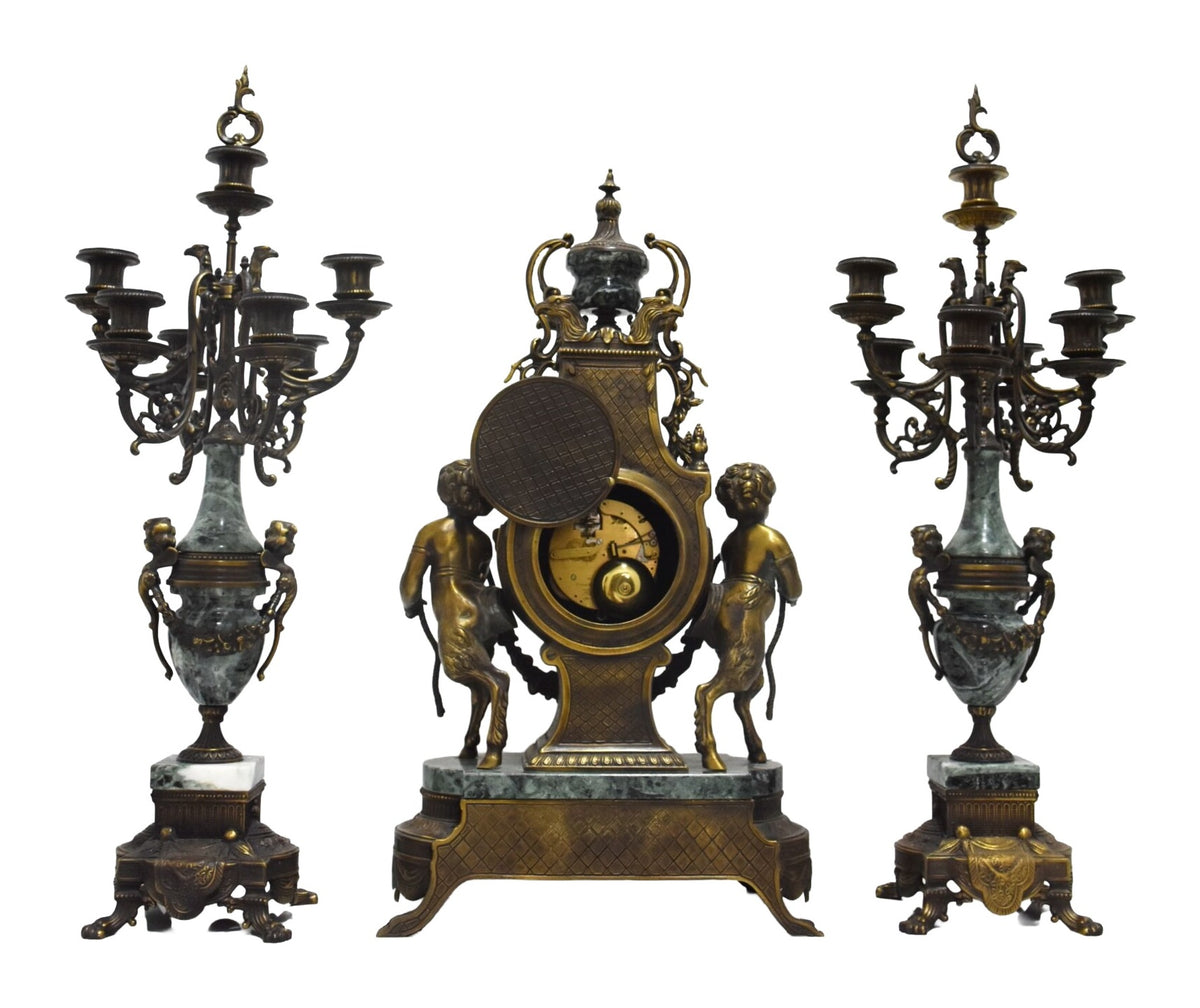Figural Clock Garniture in Metal and Green Marble — original detail view 1